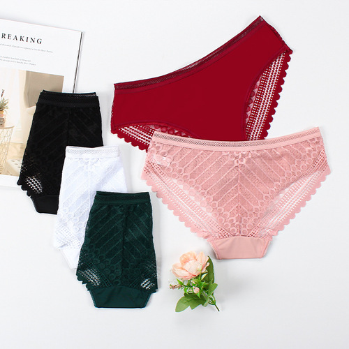 Foreign trade Japanese and Korean ice silk striped seamless large size mid-low waist women's briefs sexy lace transparent underwear