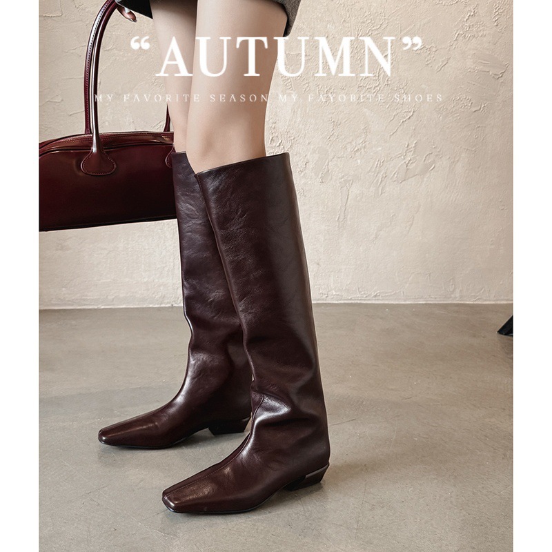 牛皮版~方头高筒裤管靴女2025新款秋冬粗跟骑士靴不过膝长靴百搭