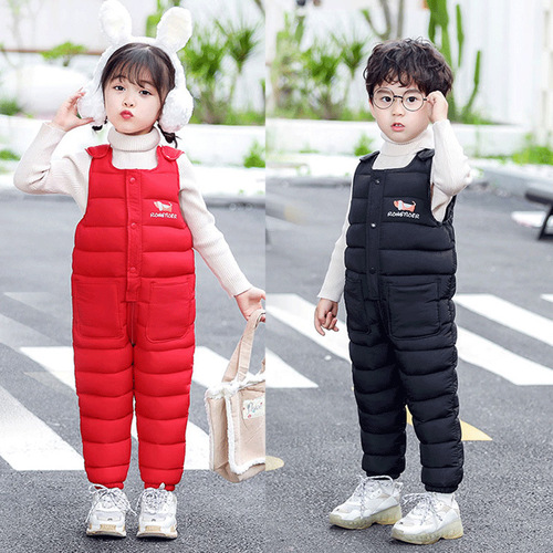Children's down cotton pants overalls boys' and girls' winter wear cotton long pants with crotch opening thickened baby jumpsuit for outdoor wear
