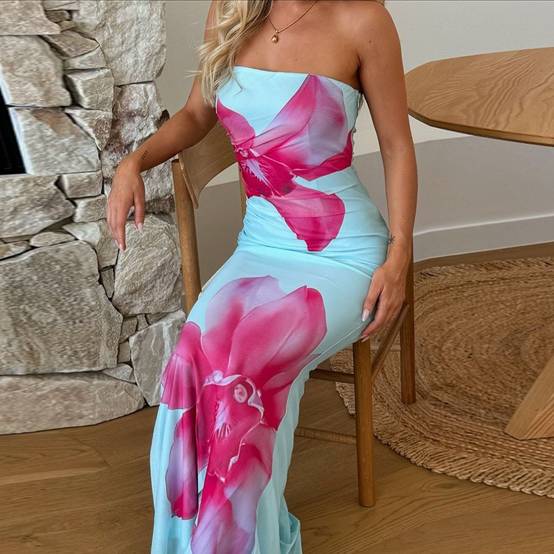 Wholesale Women's Sexy Painted Flower  Flower Holiday Daily Selfie Strapless Sleeveless Sheath Dress display picture 8