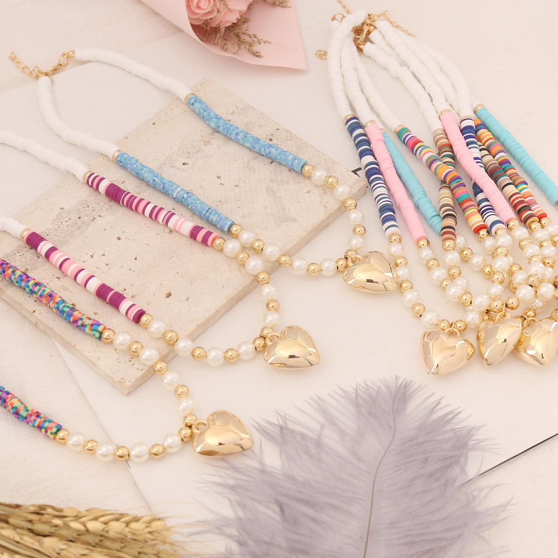 Bohemian Polymer Clay Pearl Handmade Heart decor Necklace