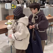 童外套2025冬款男童女童韩版牛角扣皮毛一体大衣儿童加厚连帽上衣