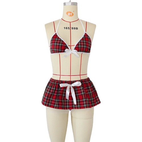 Sexy lingerie for women European and American foreign trade plaid sexy three-point backless lace-up uniform suit wholesale dropshipping 1799