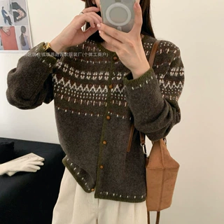 费尔岛提花圆领针织开衫女秋冬新款复古慵懒风宽松毛衣外套