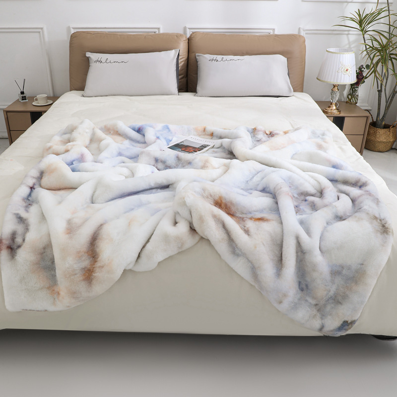 Cross-border thickened rabbit plush double layer blanket tie-dyed fur style casual blanket milk velvet double sofa blanket