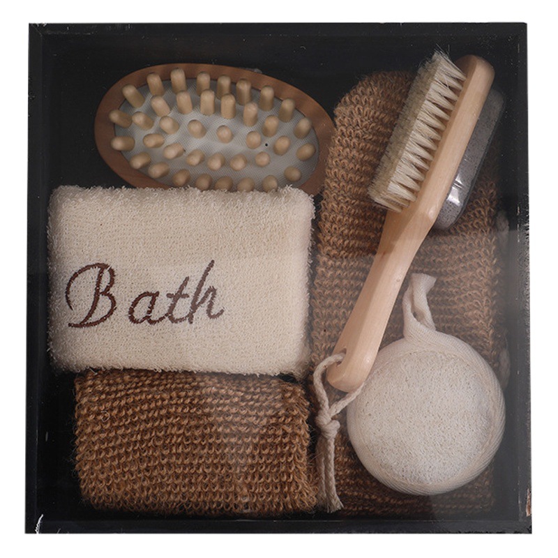 Traje de baño de seis piezas guantes de yute frotando barro tira hacia atrás regalo baño caja de regalo Loofah rebanadas traje de baño image 1