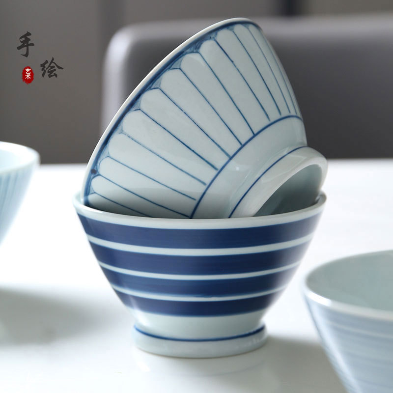 Hand-Painted Ceramic Bowl, Tall Bowl, Underglaze Color, Japanese Style, High Temperature Resistant Noodle Bowl, Soup Bowl, Rice Bowl, Nostalgic Blue Edge Bowl, Rice Bowl