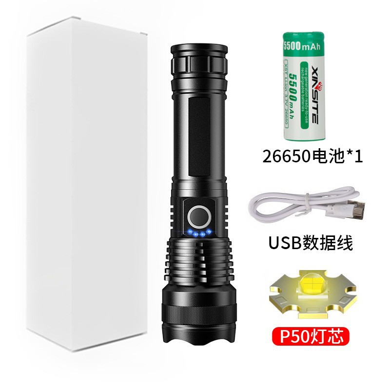Nueva linterna transfronteriza al aire libre multifunción zoom linterna P50 resaltar iluminación impermeable linterna remota