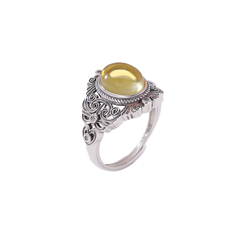 Nhẫn bạc S925 đính đá Citrine tự nhiên hình bầu dục rỗng họa tiết xoắn phong cách châu Âu — một mảnh