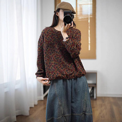 2025秋季新款 复古碎花印花贴布口袋做旧卫衣 宽松圆领套头卫衣女