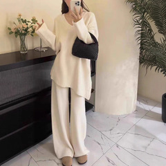 正品原版设计V领针织套装女时尚纯欲宽松大码气质毛衣外套阔腿裤