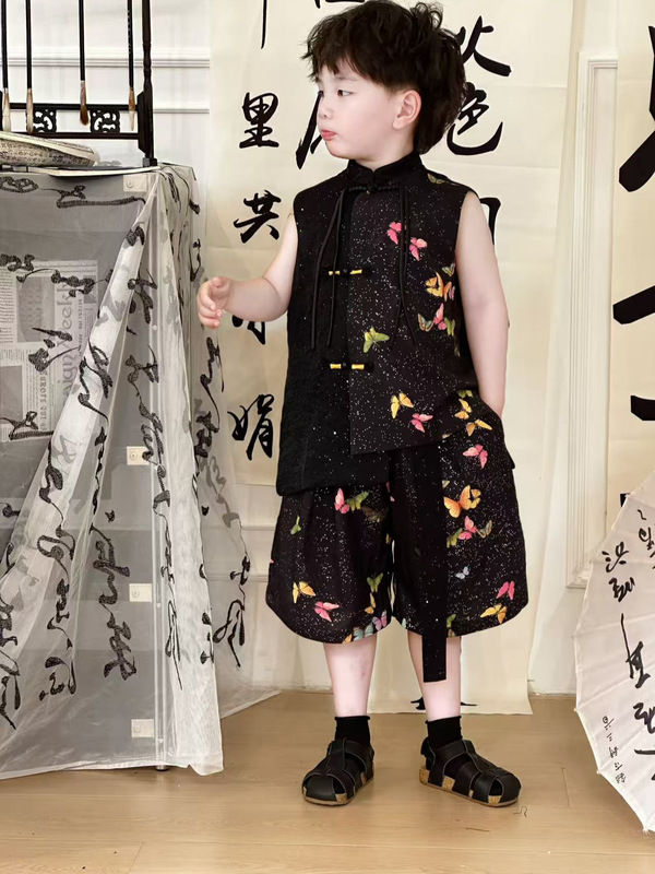 子供のベストスーツショーツ 2025 夏の新中国風の男の子唐装漢服国民風子供服ドロップシッピングトレンド|undefined