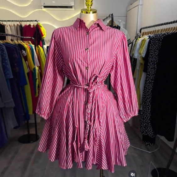 European and American Cross-Border Women's Clothing 2025 New Autum Fashion Stripesd Shirt Lapel One-Breasted Drawstring Waist Dress