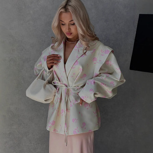 Fresh Floral Loose Large Size Lace-Up Waist Suit Jacket 2025 Cross-Border European and American Style New Style Aliexpress Hot Sale