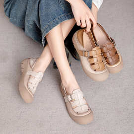 2025夏手工女鞋小众轻奢外贸复古凉鞋外穿当镂空凉面头凉网单鞋