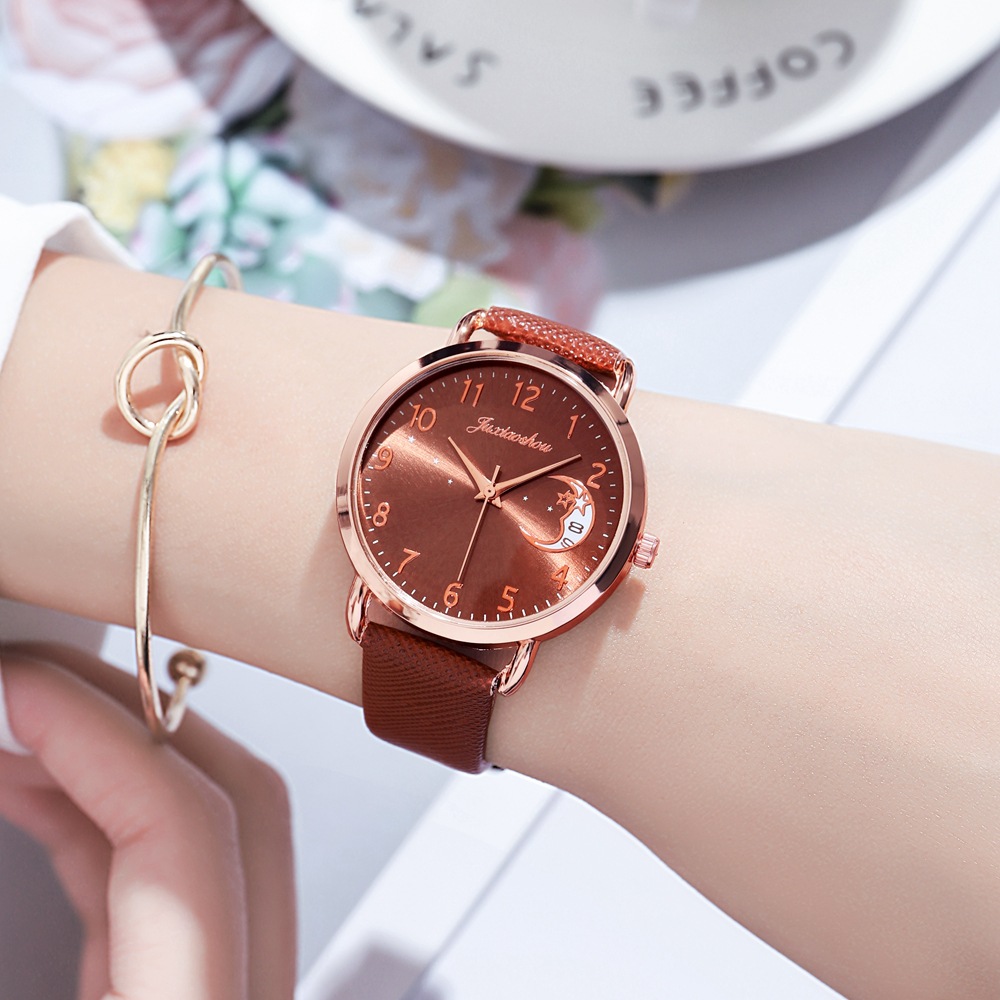 Orologio da studente in oro rosa con cinturino minimalista da donna con motivo stella lunare, nuovo prodotto caldo e alla moda 2024_voghion.com