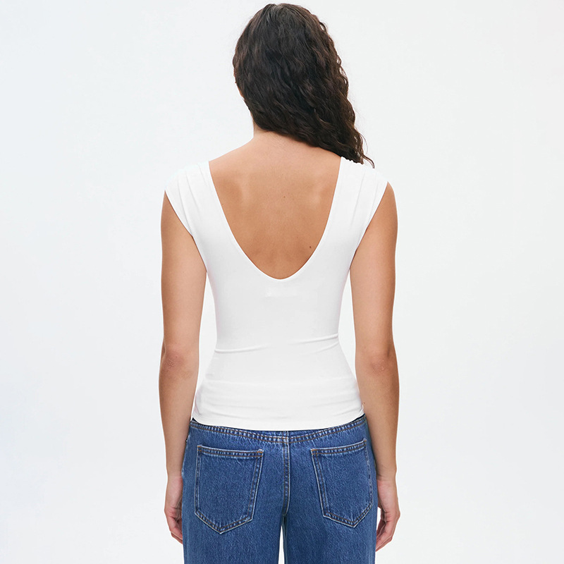 Women's V Neck Pullover Top Spring Summer Solid Color Ruched Knot Waist Cinching New Fashion_ecoleips.com