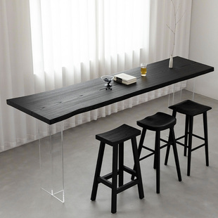 Long Black Home Bar Table and Stools, Minimalist Wabi-Sabi Style Solid Wood Bar Table and Chairs, White Ash Charred