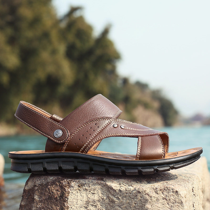 Dép sandal nam da bò thật hở ngón, quai ngang co giãn, đế PU chống trượt thoáng khí đi biển — 10135 đế dày màu nâu, 10135 đế dày màu đen, 12129 màu đen, 12129 vàng nâu