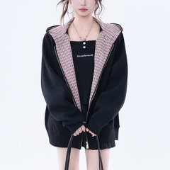 学院风连帽卫衣秋冬新款bf宽松格子内里设计感拉链长袖外套ins潮