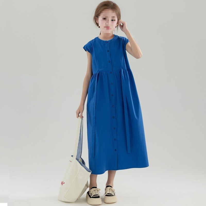 クロスボーダー夏の女の子の純綿ロングクラインブルードレス子供服新しいラウンドネックシャツドレス中大子供ロングスカート|undefined