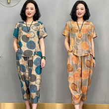 2025夏装天丝棉麻套装女妈妈装中老年短袖中年女士两百搭植物印花