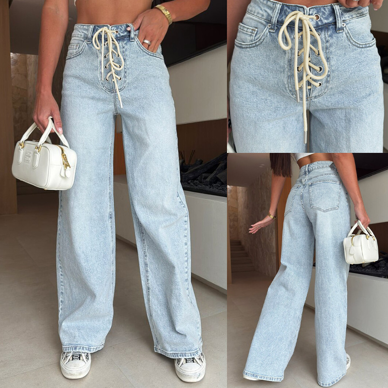 Cross-Border 2026 Spring/Summer Drawstring Cross-Tie Straight-Leg Jeans, Fashionable Retro Slimming Wide-Leg Jeans for Women