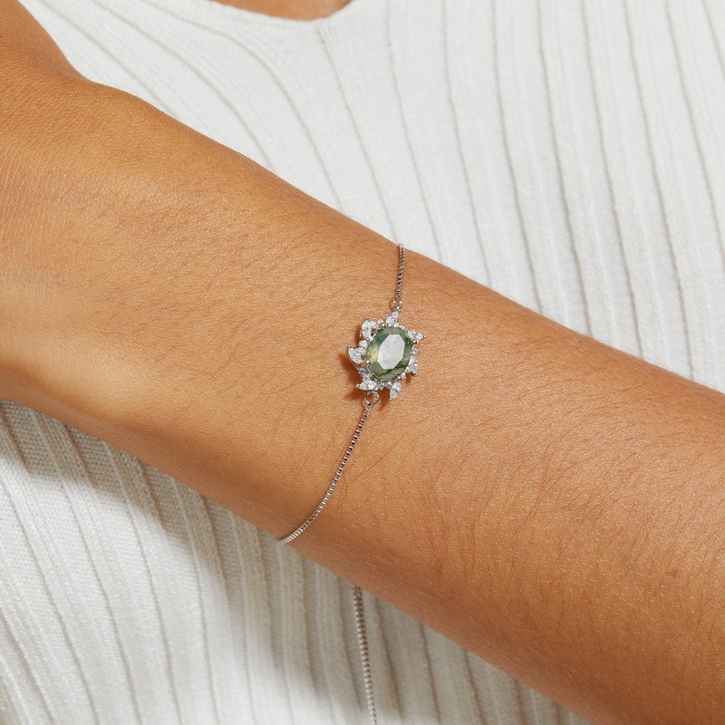 Cross-border New S925 Silver Bracelet Women's Green Moss Stone Water Grass Agate Bracelet Exquisite Fashion Retro European and American Style