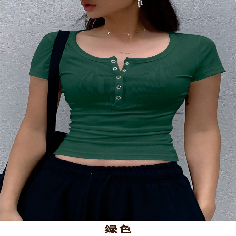 跨境欧美新款女士纯色短袖U领气质上衣罗纹针织半开襟纽扣修身T恤|undefined