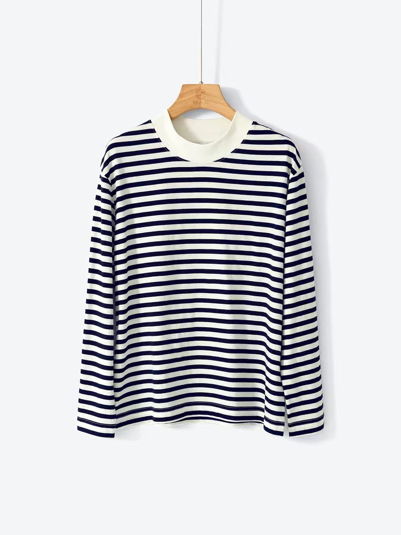 2023 nueva suelta interior superior otoño algodón espíritu mar camisa casual cuello redondo manga larga azul marino blanco rayas camiseta image 8