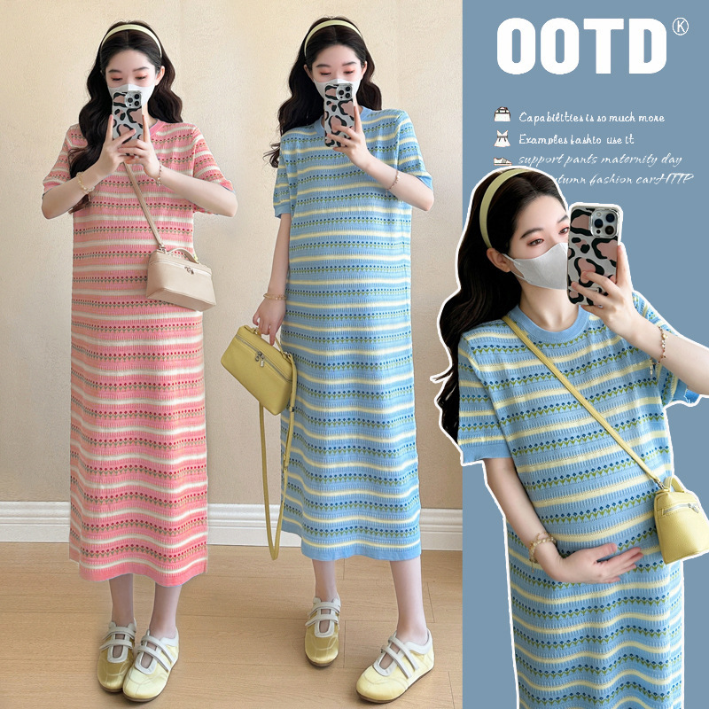Pregnant Women's Summer dress Trendy Mom's New plus size Knitted Loose Mid-length Pregnancy Western Style Short-sleeved Summer Skirt Pregnant Women's Summer dress Trendy Mom's New plus size Knitted Loose Mid-length Pregnancy Western Style Short-sleeved Summer Skirt