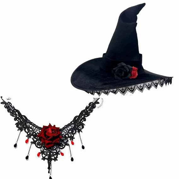ハロウィン魔女帽子ゴシックスタイルメッシュレース魔女帽子コスプレステージパフォーマンスローズネックレス|undefined