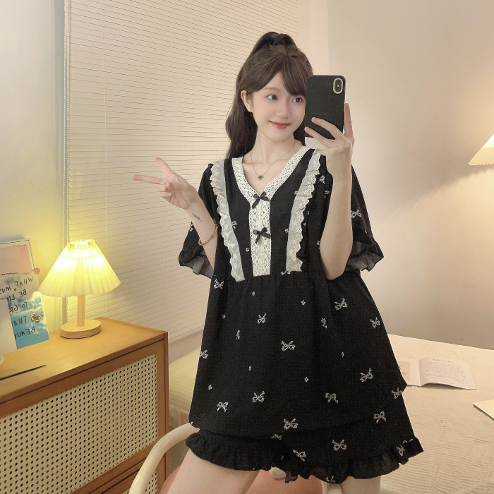 Wholesale 125kg Plus-Size Black Pajamas for Women, Summer Ins-Style Loose Short-Sleeve Shorts Loungewear Set