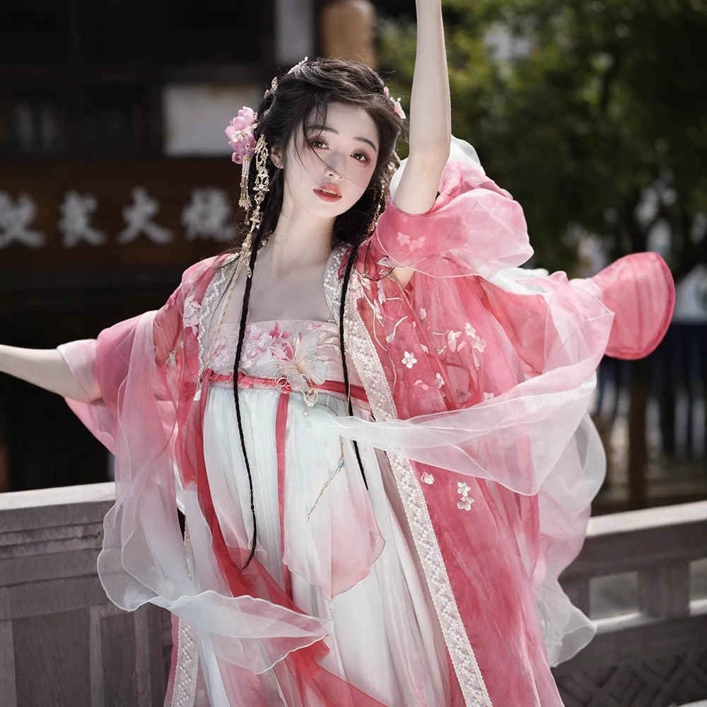 Оригинальный Hanfu женский персиковый цветок бог тяжелой промышленности вышивка с грудной клеткой юбка юбка с большими рукавами рубашка супер сказочный костюм весной и летом новый