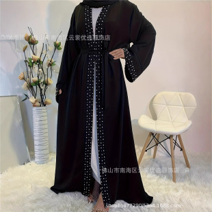 Middle Eastern Fashionable and Elegant Solid Color Beaded Muslim Lace-Up Cardigan Robe Loose Long-Sleeved Polyester Loose Robe