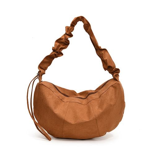 Korean-style minimalist pleated cloud handbag, fresh and literary PU fabric tote shoulder bag with drawstring strap, crossbody fabric bag