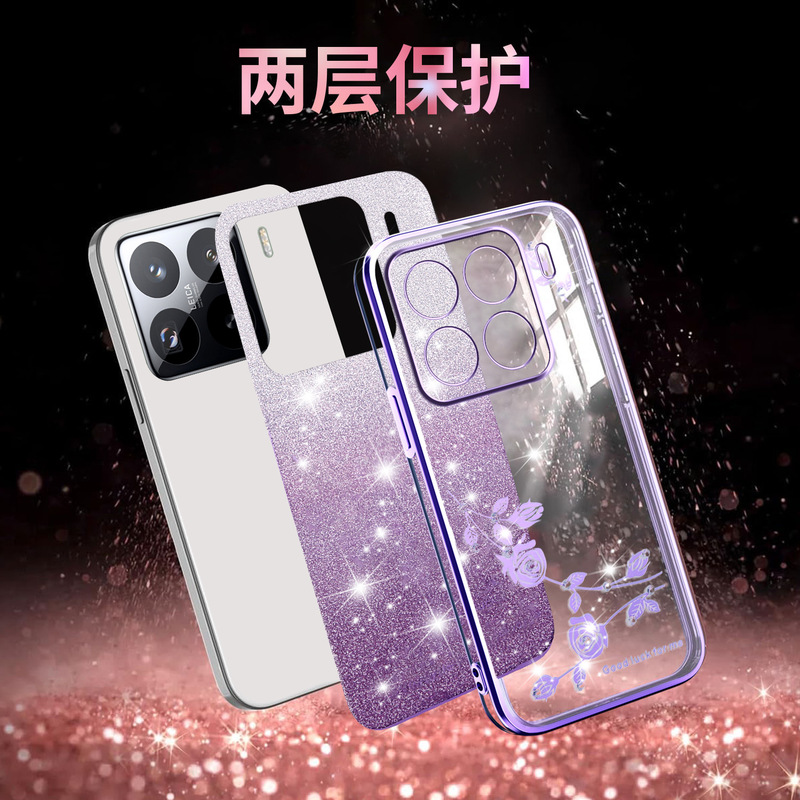 Xiaomi 15T、月季の花柄スマホケース、Redmi K80、ラインストーンメッキ、turbo4、グリッター保護ケース、Redmi A5に適用|undefined