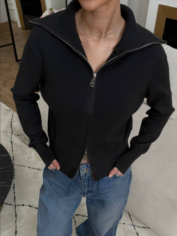 2025欧美小众设计感双开拉链针织衫女秋冬纯色百搭翻领修身毛衣女|undefined