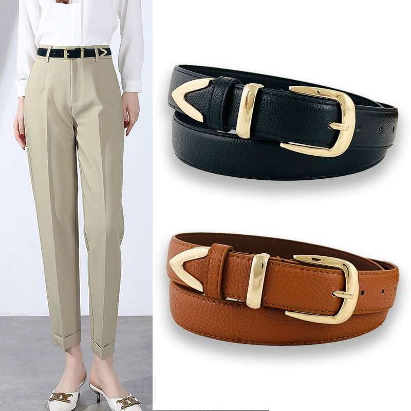 Новый женский ретро-черный ремень для джинсов с золотой пряжкой в стиле ins, тонкий универсальный ремень для брюк для женщин, оптовая продажа