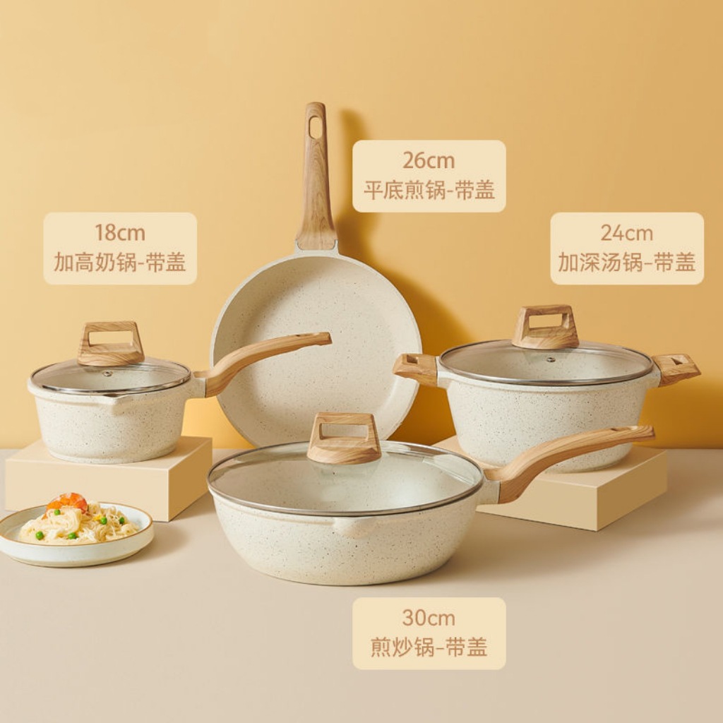 18cm 뚜껑 달린 우유 냄비 + 24cm 뚜껑 달린 수프 냄비 + 뚜껑 없는 26cm 프라이팬 + 뚜껑 달린 30cm 웍