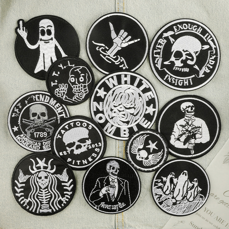 电脑绣花标服装辅料章仔黑白圆形徽章朋克风补丁跨境货源刺绣布贴