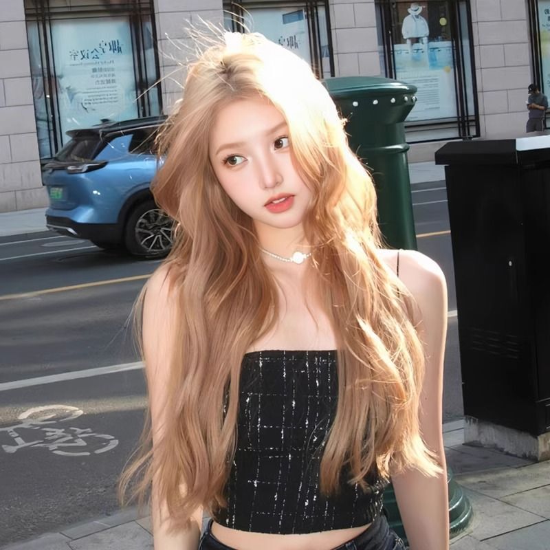 [Humanoid Computer] Wig Champagne Gold Big Wave Long Curly Hair Simulated Human Hair Middle Part Forehead Lace Full Headgear