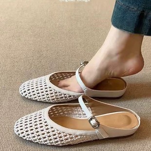 Low-Heeled Inner Heightening Woven Cut Out Toe Half Slippers for Women Summer 2025 New Outer Wear Cut Out Breathable Flats Sandals