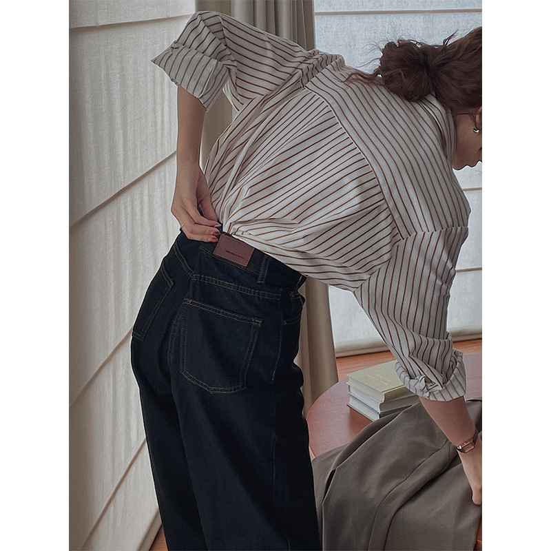 French vertical striped shirt women's early autumn long sleeve high-grade niche chic retro Hong Kong style stacked shirt spring and autumn