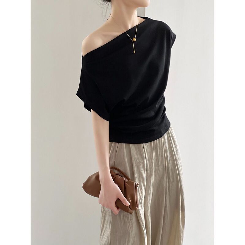 Modal One-Shoulder Top Sexy Off-Shoulder Short-Sleeved T-Shirt Women's Collarbone Summer Design Pleated Waist Half-Sleeve Modal One-Shoulder Top Sexy Off-Shoulder Short-Sleeved T-Shirt Women's Collarbone Summer Design Pleated Waist Half-Sleeve