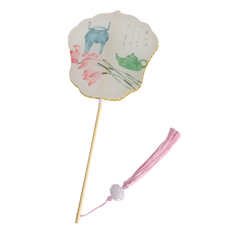 Ventilador de la cintura estilo antiguo hanfu ventilador de impresión al por mayor cheongsam ventilador de la cintura mango largo borla rizado ventilador colgante mango largo ventilador de bambú púrpura