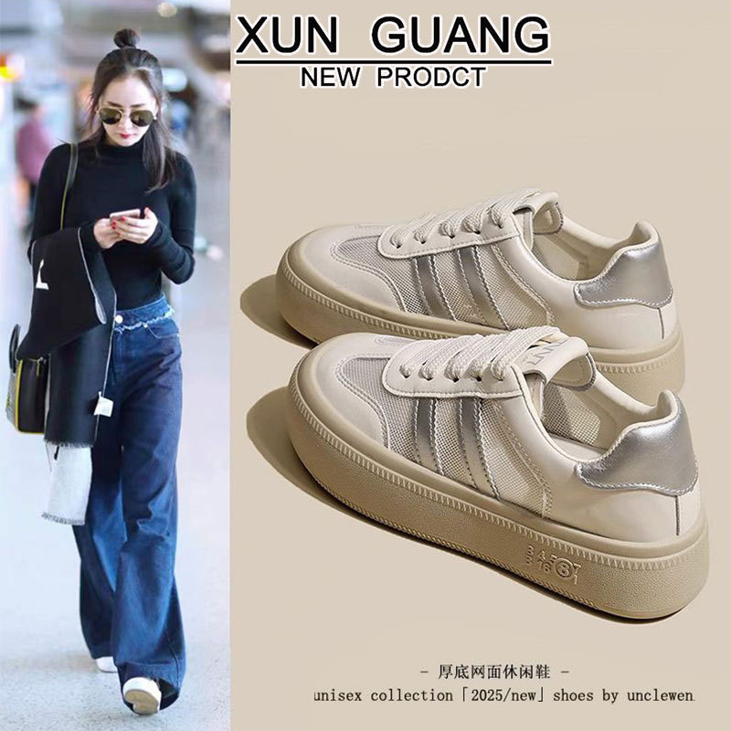 Genuine Leather Thick-soled Mesh Breathable Training Shoes Women's Shoes 2025 Summer New All-match Casual Sports White Skate Shoes