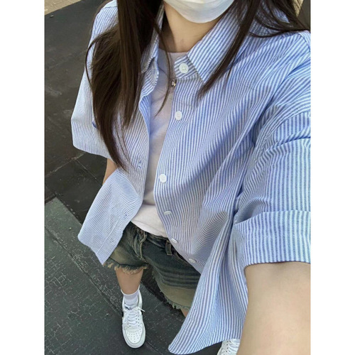 Summer deep blue striped women's short-sleeve Japanese-inspired fresh and effortless versatile blouses, slimming top trendy