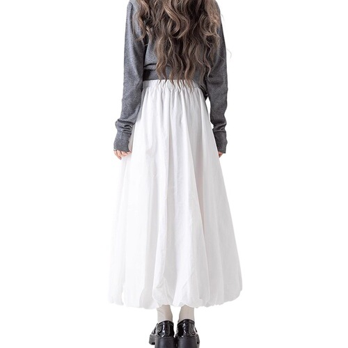 French white fluffy flower bud skirt for women's spring new elastic waist loose slimming A-line long dress