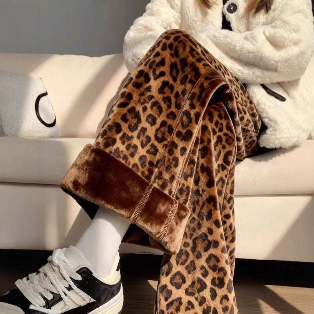 American Retro Coffee-Colored Leopard Print Velvet Casual Pants 2025 Super Popular Fleece-Lined Straight Loose Wide-Leg Pants